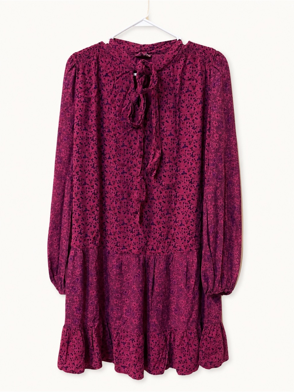 Ghost London Size S Magenta Floral Long Sleeve Tiered Mini Dress